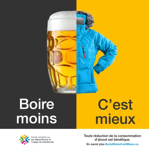 Moitié d’une chope de bière pleine sur fond noir jointe à la moitié d’une parka à capuchon bleue sur fond jaune. La manche de la demi-parka a la forme d’une main sur une hanche; ensemble les deux moitiés ont la forme d’un torse. 